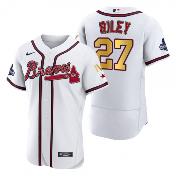 Atlanta Braves Austin Riley White 2022 Gold Program 4-Time World Series Champions Jersey