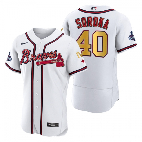 Atlanta Braves Mike Soroka White 2022 Gold Program 4-Time World Series Champions Jersey