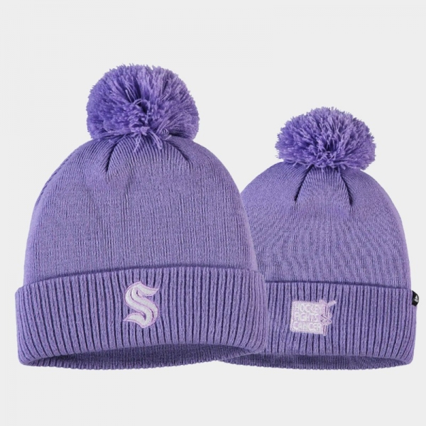 Seattle Kraken 2021 Hockey Fights Cancer Men Pom Purple Knit Hat