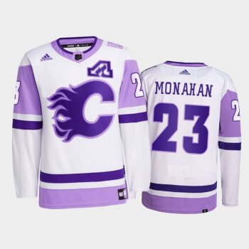 Sean Monahan #23 Calgary Flames 2021 HockeyFightsCancer White Primegreen Jersey