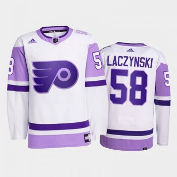 Tanner Laczynski #58 Philadelphia Flyers 2021 HockeyFightsCancer White Primegreen Jersey