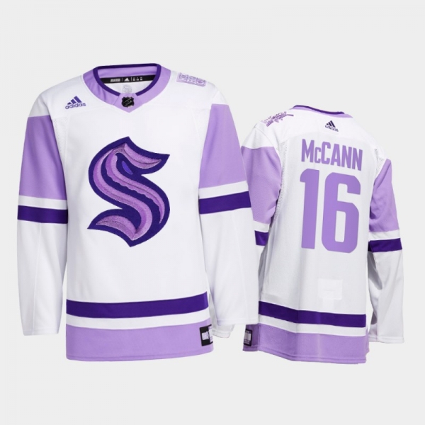 Jared McCann #16 Seattle Kraken 2021 HockeyFightsCancer White Special Jersey