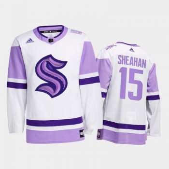 Riley Sheahan #15 Seattle Kraken 2021 HockeyFightsCancer White Special Jersey