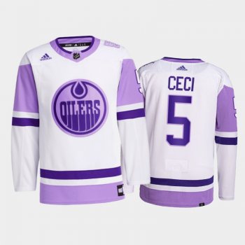 Cody Ceci #5 Edmonton Oilers 2021 HockeyFightsCancer White Primegreen Jersey