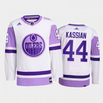 Zack Kassian #44 Edmonton Oilers 2021 HockeyFightsCancer White Primegreen Jersey