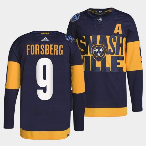 Filip Forsberg Predators 2022 Stadium Series Navy Jersey #9 Primegreen Authentic