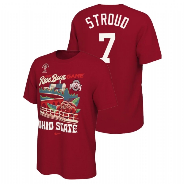 Men Ohio State Buckeyes C.J. Stroud #7 Scarlet 2022 Rose Bowl Locker Room T-Shirt