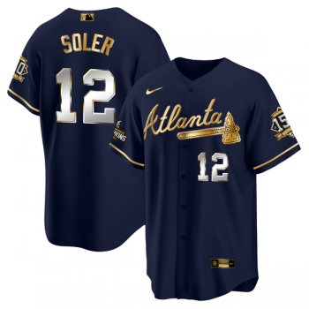 Men's Atlanta Braves #12 Jorge Soler 2021 Navy/Gold World Series Champions With 150th Anniversary Patch Cool Base Stitched Jersey