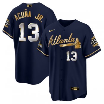 Men's Atlanta Braves #13 Ronald Acuña Jr. 2021 Navy/Gold World Series Champions With 150th Anniversary Patch Cool Base Stitched Jersey