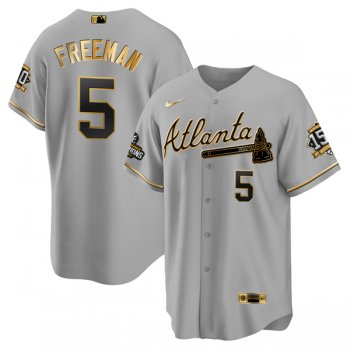 Men's Atlanta Braves #5 Freddie Freeman 2021 Gray/Gold World Series Champions With 150th Anniversary Patch Cool Base Stitched Jersey