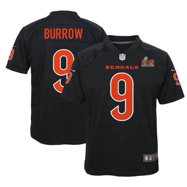 Youth Cincinnati Bengals Joe Burrow Nike Black Super Bowl LVI Bound Game Patch Fashion Jersey