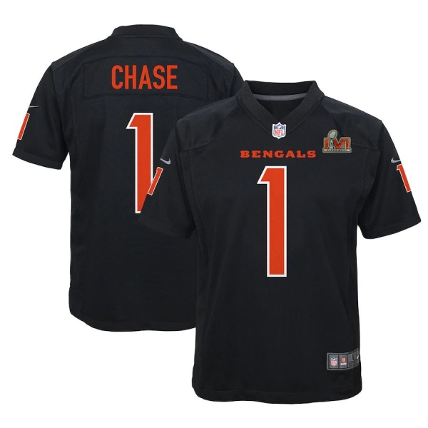 Youth Cincinnati Bengals Ja'Marr Chase Nike Black Super Bowl LVI Bound Game Patch Fashion Jersey