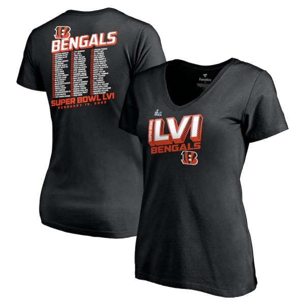 Women's Cincinnati Bengals Fanatics Branded Black Super Bowl LVI Bound Tilted Roster V-Neck T-Shirt