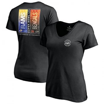 Women's Cincinnati Bengals vs. Los Angeles Rams Fanatics Branded Black Super Bowl LVI Matchup Tickets Please V-Neck T-Shirt