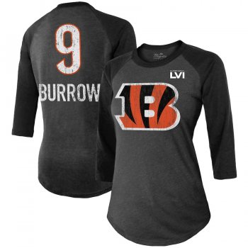 Women's Cincinnati Bengals Joe Burrow Majestic Threads Black Super Bowl LVI Bound Name & Number Raglan 3/4 Sleeve T-Shirt