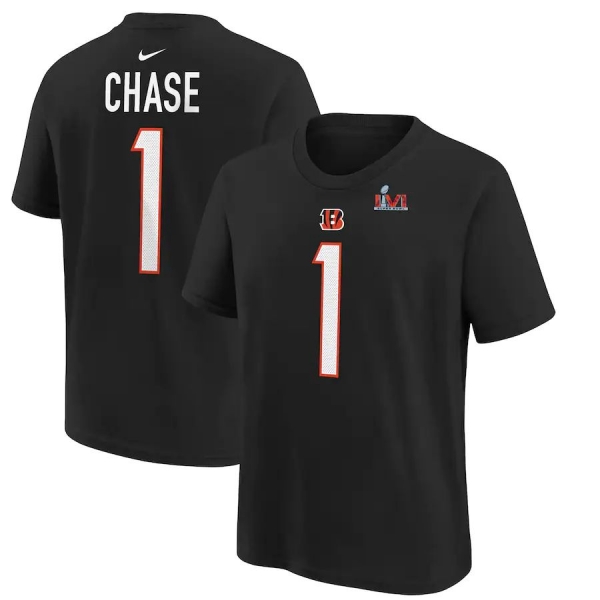 Youth Cincinnati Bengals Ja'Marr Chase Nike Black Super Bowl LVI Bound Name & Number T-Shirt