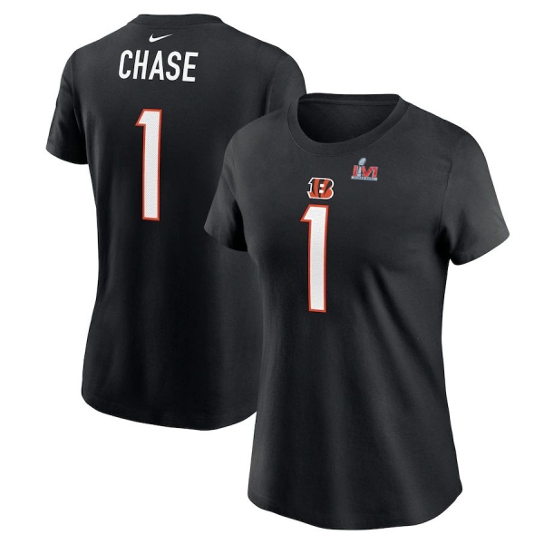 Women's Cincinnati Bengals Ja'Marr Chase Nike Black Super Bowl LVI Bound Name & Number T-Shirt