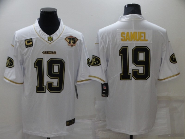 Men's San Francisco 49ers #19 Deebo Samuel White 75th Patch Golden Edition Stitched NFL Nike Limited Jersey