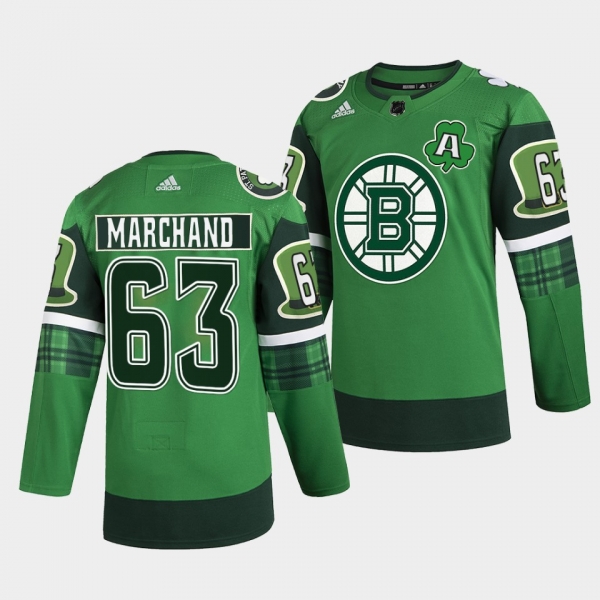 2022 St Patricks Day Brad Marchand Boston Bruins #63 Green Warm-Up Jersey