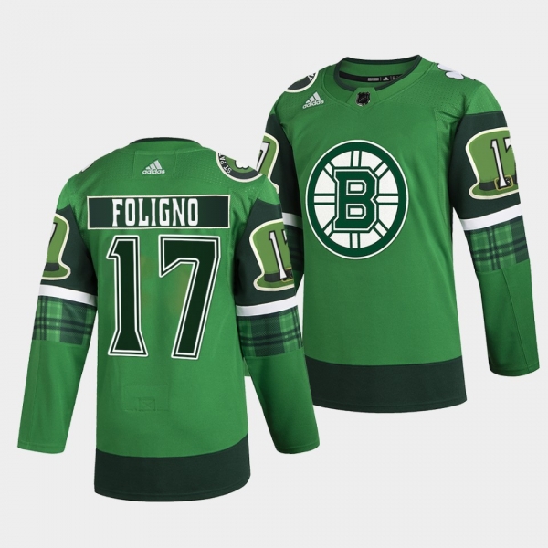 2022 St Patricks Day Nick Foligno Boston Bruins #17 Green Warm-Up Jersey