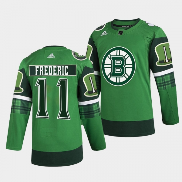 2022 St Patricks Day Trent Frederic Boston Bruins #11 Green Warm-Up Jersey