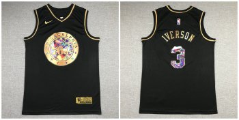 NBA 76ers 3 Allen Iverson Black Gold Diamond Men Jersey