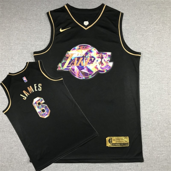 NBA Lakers 6 Lebron James Black Gold Diamond Men Jersey