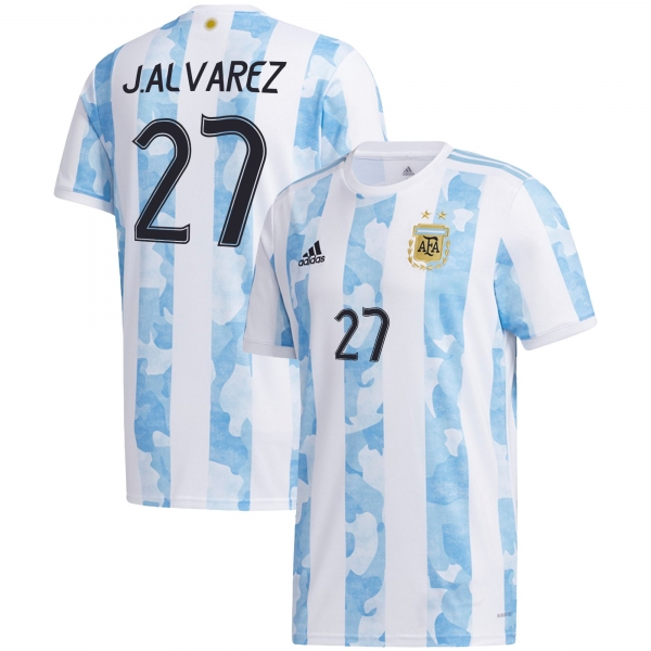 Argentina National Team 2022 Qatar World Cup Juli�n Alvarez #27 White - Light Blue Home Men Jersey