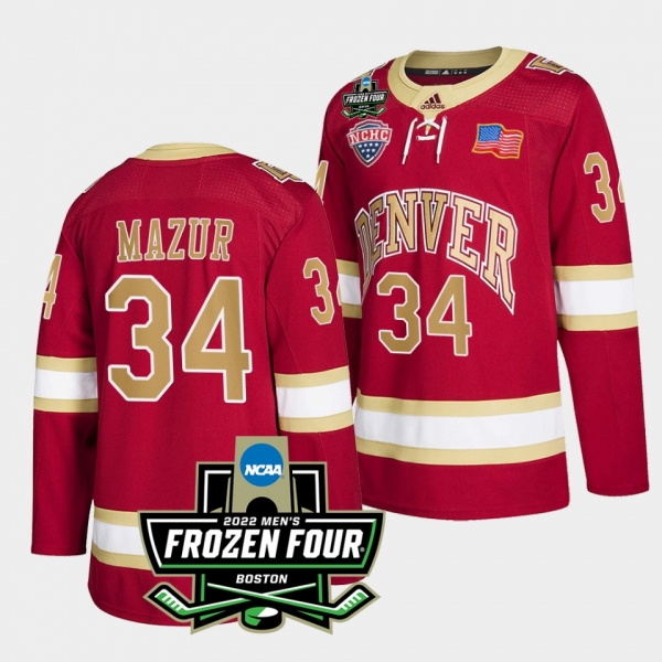 Carter Mazur Denver Pioneers 2022 Frozen Four Crimson Hockey Jersey 34