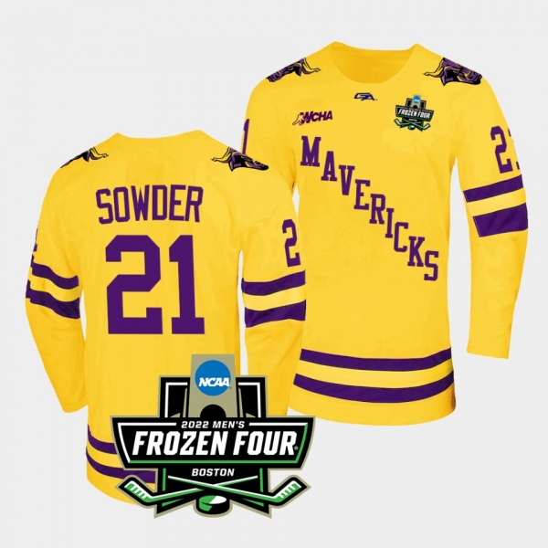 Minnesota State Mavericks Lucas Sowder 2022 Frozen Four Championship Gold Hockey Jersey