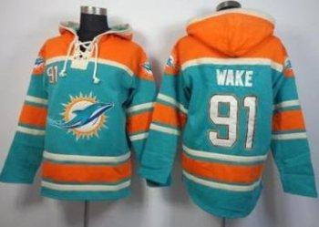 Miami Dolphins #91 Cameron Wake Aqua Green Sawyer Hooded Sweatshirt NFL Hoodie