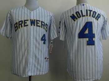 Brewers 4 Paul Molitor White Blue Strip Stitched MLB Jerseys