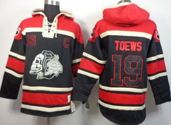 Chicago Blackhawks 19 Jonathan Toews Black Skull Logo Fashion Lace-Up NHL Jersey Hoodie