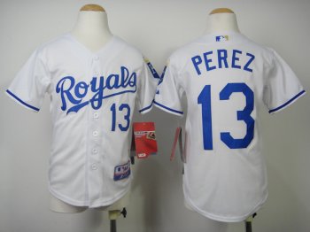 Kids Kansas City Royals 13 Salvador Perez White Cool Base MLB Jerseys