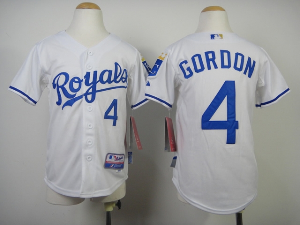 Kids Kansas City Royals 4 Alex Gordon White Cool Base MLB Jerseys