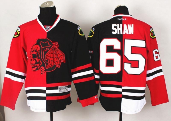 Chicago Blackhawks 65 Andrew Shaw Red Skull Logo Fashion Black Red Split NHL Jerseys