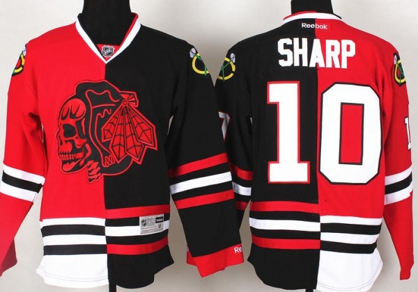 Chicago Blackhawks 10 Patrick Sharp Red Skull Logo Fashion Black Red Split NHL Jerseys