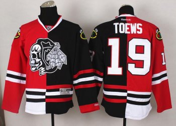 Chicago Blackhawks 19 Jonathan Toews White Skull Logo Fashion Black Red Split NHL Jerseys