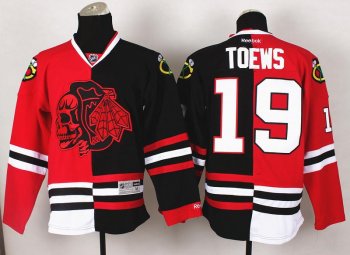 Chicago Blackhawks 19 Jonathan Toews Red Skull Logo Fashion Black Red Split NHL Jerseys