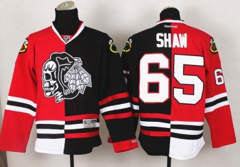 Chicago Blackhawks 65 Andrew Shaw White Skull Logo Fashion Black Red Split NHL Jerseys