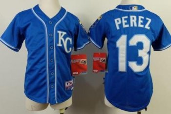 Kids Kansas City Royals 13 Salvador Perez Blue Cool Base MLB Jerseys