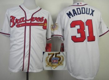 Atlanta Braves 31 Greg Maddux White MLB Jerseys W 75TH Patch