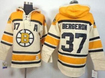 Boston Bruins #37 Patrice Bergeron Cream Stitched NHL Sawyer Hooded Sweatshirt Jersey