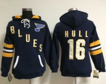 Women St. Louis Blues #16 Brett Hull Navy Blue Old Time Heidi NHL Hoodie