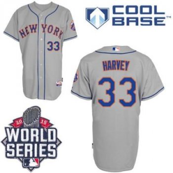 New York Mets #33 Matt Harvey Grey Road Cool Base W 2015 World Series Patch Stitched MLB Jersey