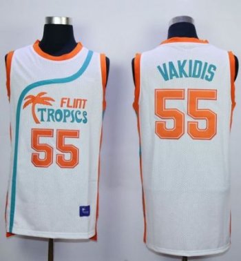 Flint Tropics #55 Vakidis White Semi-Pro Movie Stitched Basketball Jersey