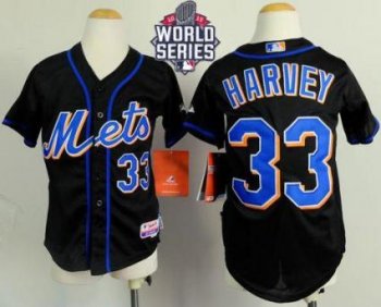 Youth New York Mets #33 Matt Harvey Black Cool Base W 2015 World Series Patch Stitched MLB Jersey