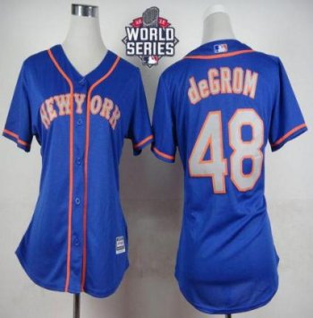 Women New York Mets #48 Jacob DeGrom Blue(Grey NO.) Alternate Road W 2015 World Series Patch Stitched MLB Jersey