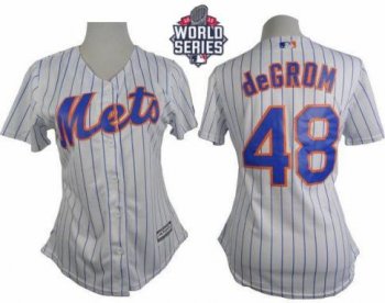 Women New York Mets #48 Jacob DeGrom White(Blue Strip) W 2015 World Series Patch Home Stitched MLB Jersey