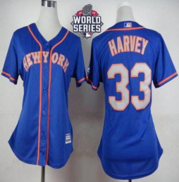 Women New York Mets #33 Matt Harvey Blue(Grey NO.) Alternate Road W 2015 World Series Patch Stitched MLB Jersey